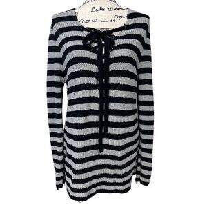 BKE Striped Lace Front Black and Grey Thick Knit Tunic Sweater Size XL